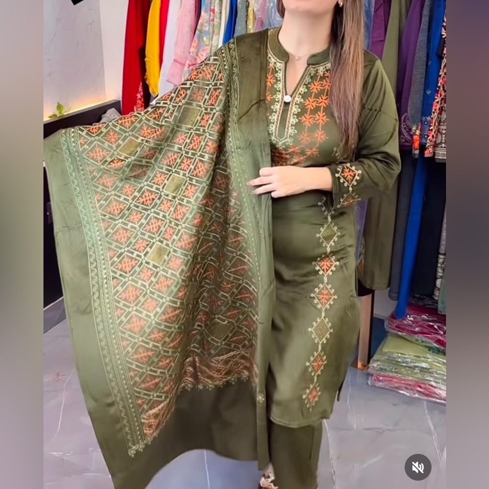 Green velvet suit with rust embroidery- Kashmiri kadai ( embroidery)